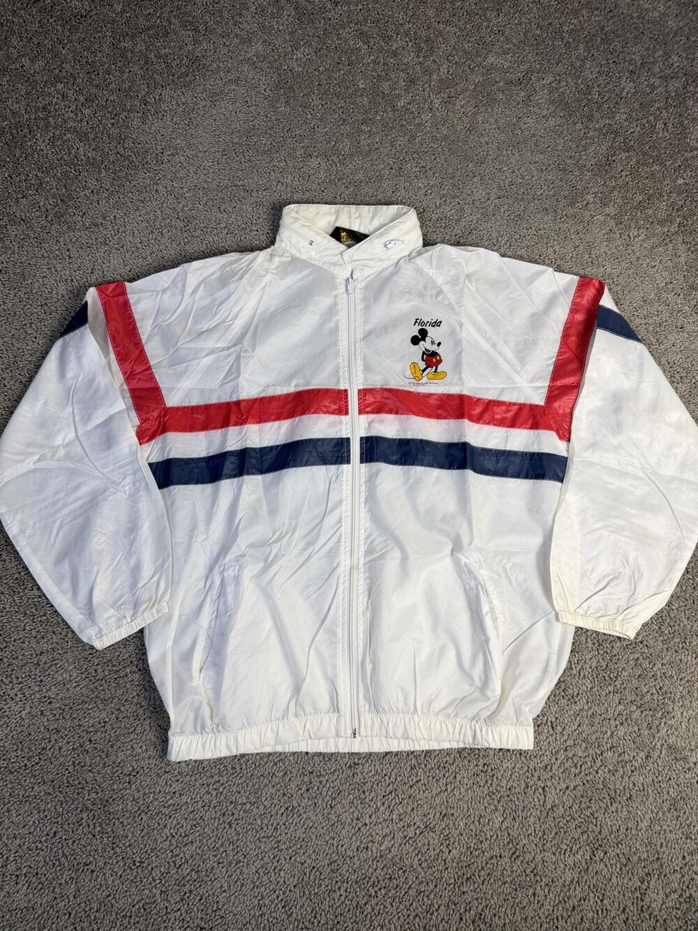 Vintage 80s Disney Jacket Mens LWhite Mickey Windbreaker Bomber Sherry Nylon